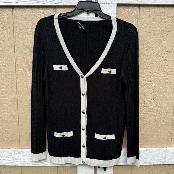 Something Extra Black Button Silk Cotton Cable Knit Cardigan Women's Size Large - Picture 1 of 5